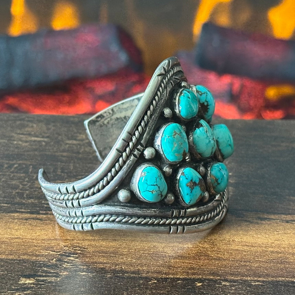 Turquoise 9 Stone Sterling Hand Stamped Cluster Twist Wire Statement Cuff