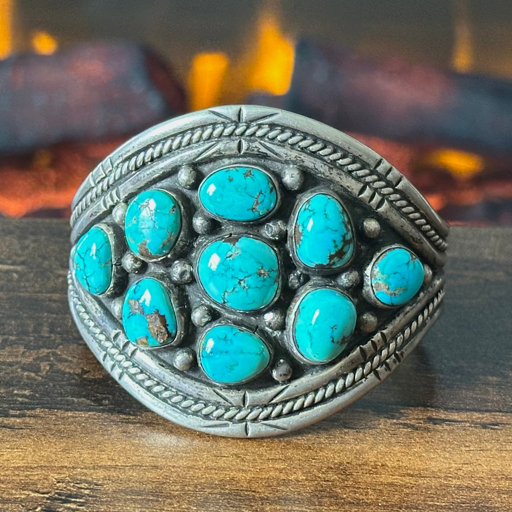 Turquoise 9 Stone Sterling Hand Stamped Cluster Twist Wire Statement Cuff