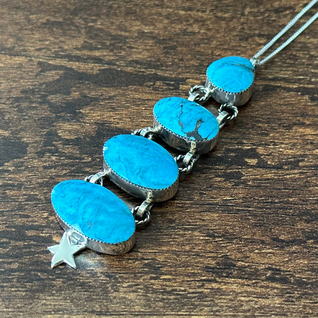 Navajo David Lopez Turquoise 4 Stone Sterling Star Pendant Necklace