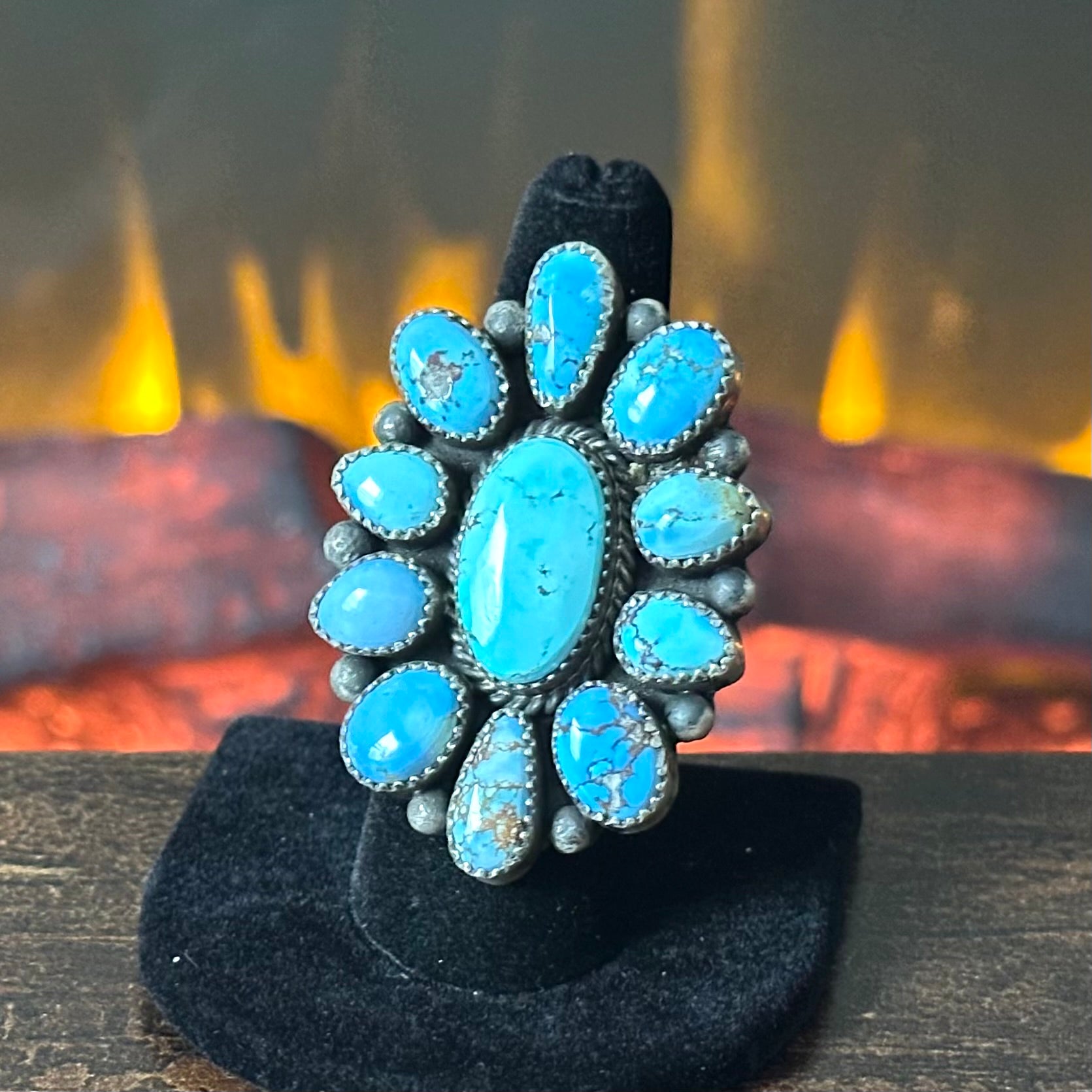 Navajo Anna Spencer Golden Hills Turquoise 11 Stone Sterling Cluster Statement Ring