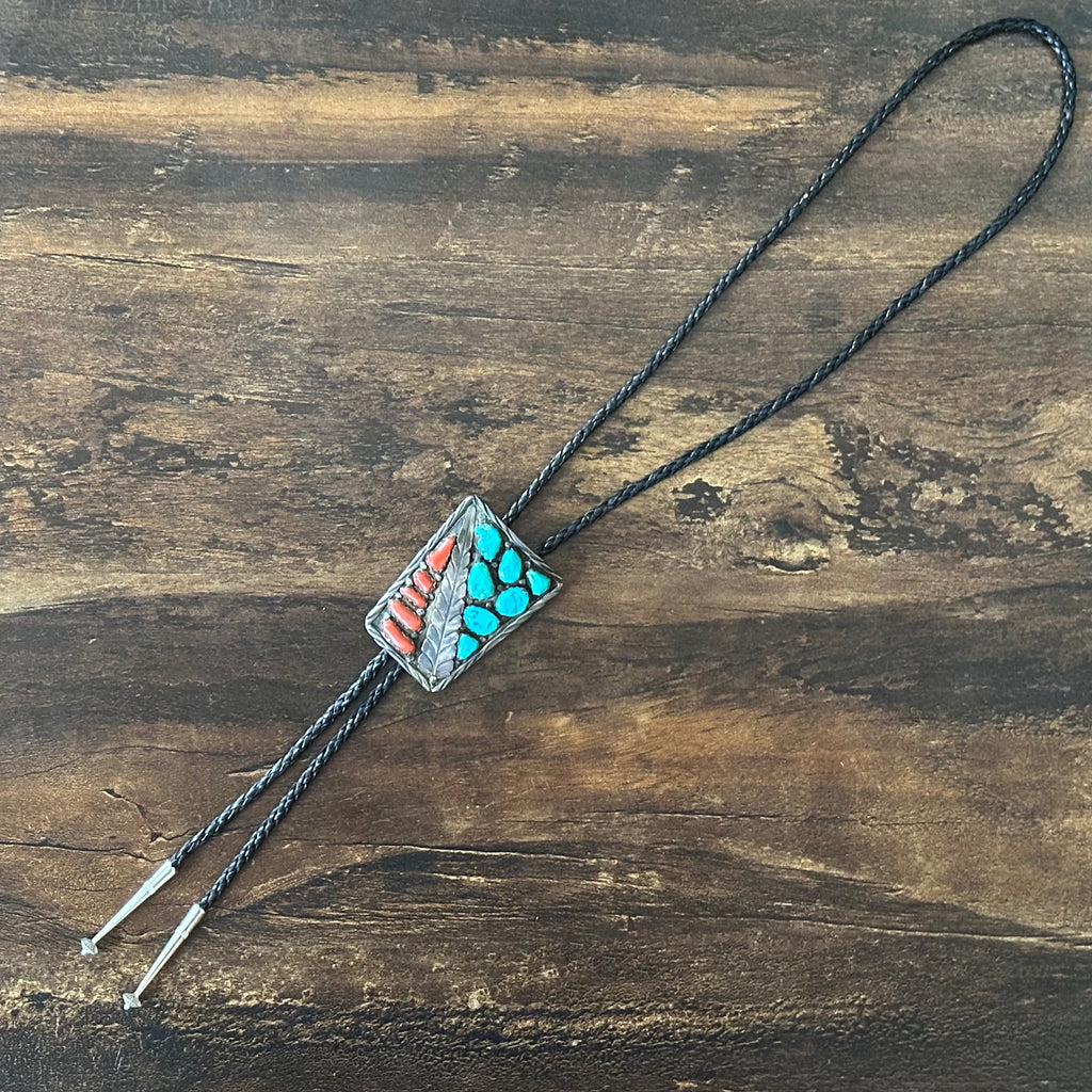 Vance Signed Turquoise Red Coral 12 Stone Sterling Hand Stamped Bezel Leaf Bolo Tie