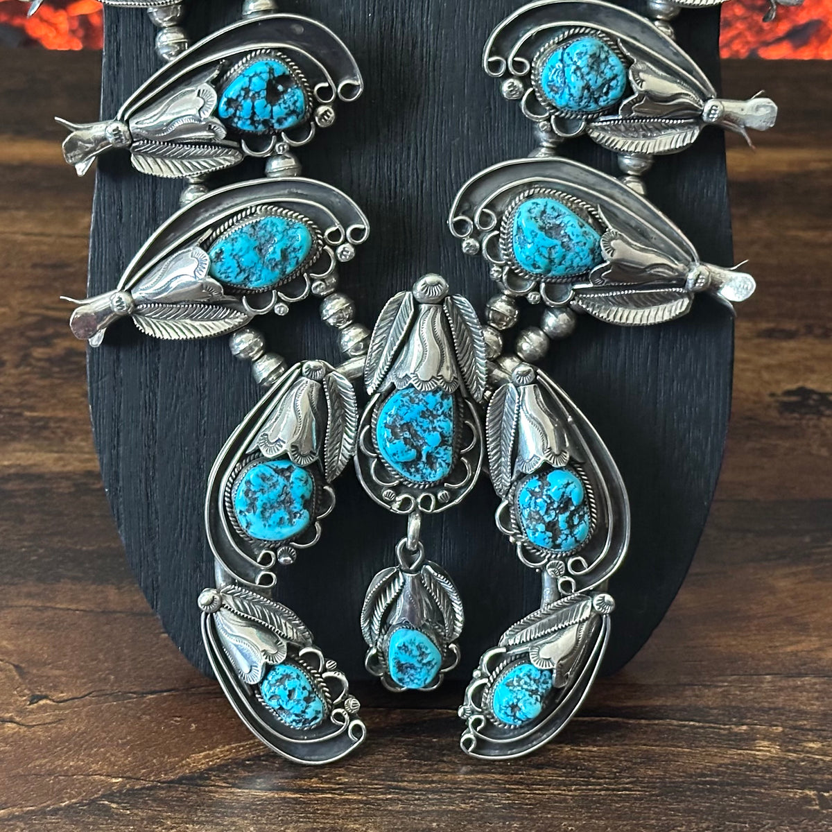 1970s GH Signed Turquoise 18 Nugget Stone Sterling Hand Stamped Ornate Squash Blossom Necklace Earrings Set