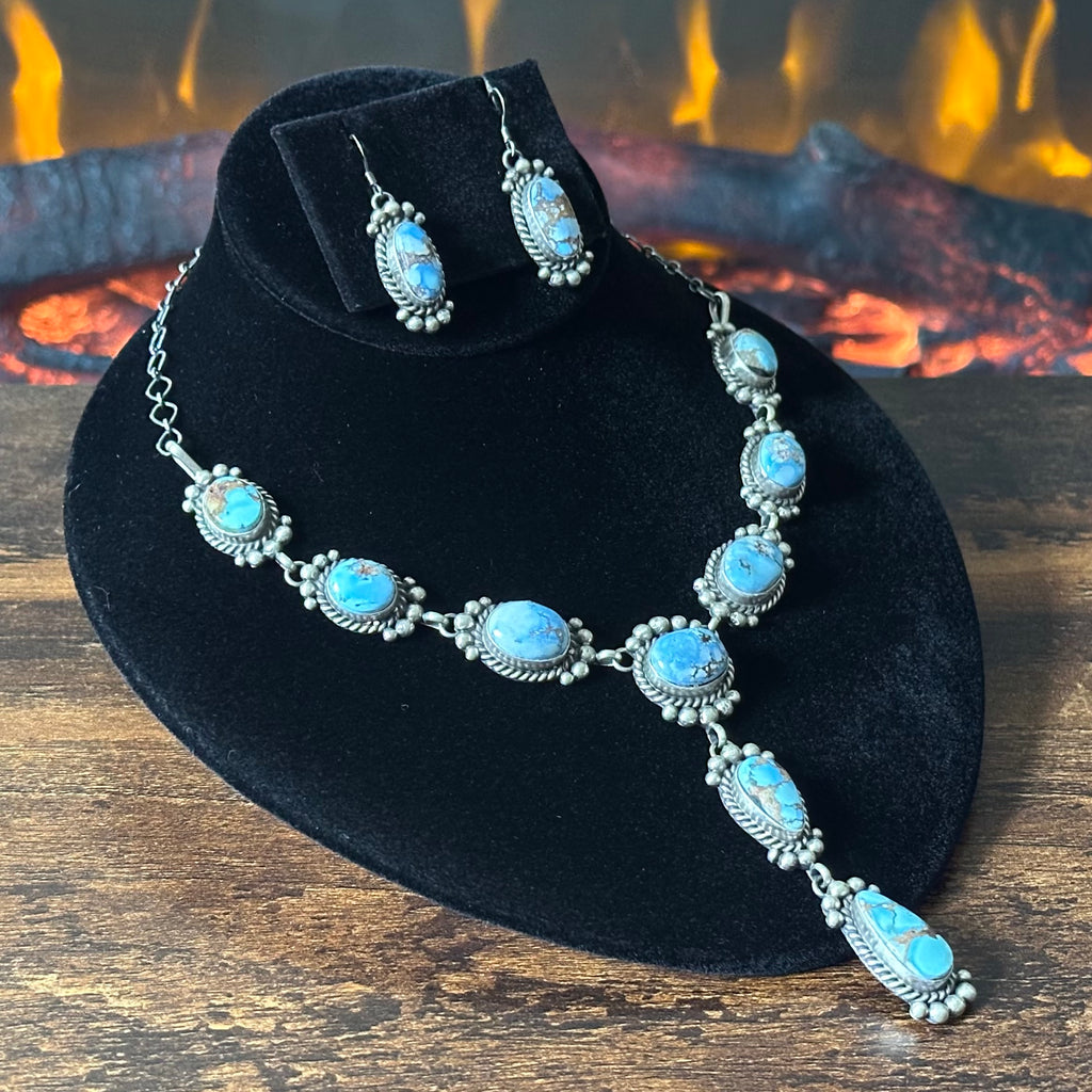 Navajo Mary Ann Spencer Golden Hills Turquoise 9 Stone Sterling Raindrop Lariat Necklace Earrings Set