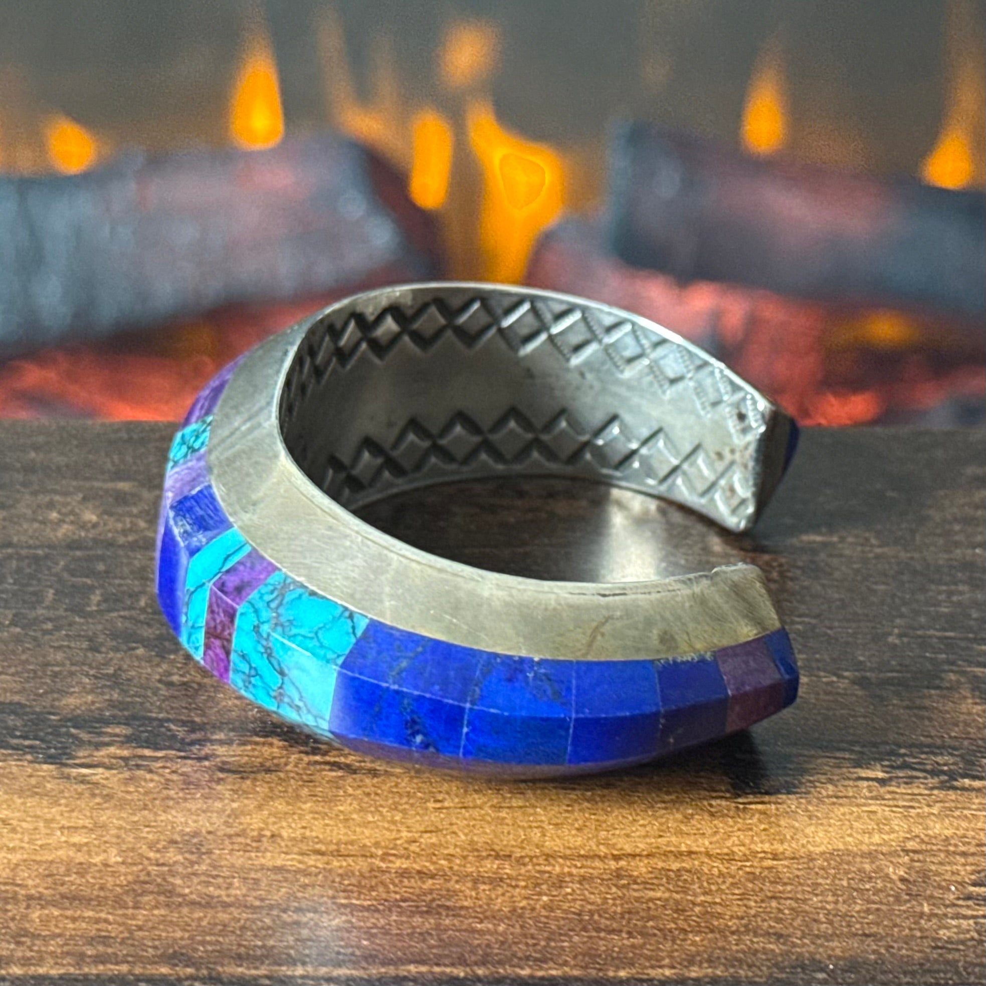 Navajo Herbert Toledo Turquoise Lapis Sugilite Sterling Hand Stamped Inlay Statement Cuff