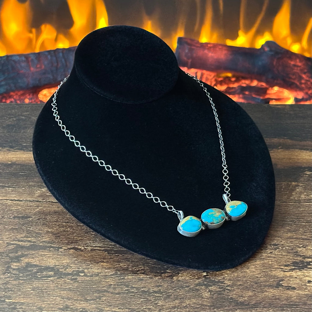 Navajo Robert Martinez Kingman Turquoise 3 Stone Sterling Bar Necklace