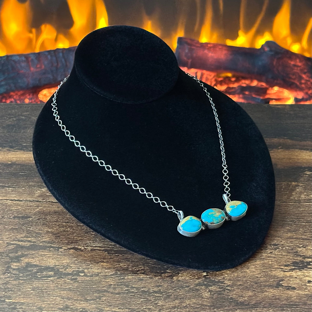 Navajo Robert Martinez Kingman Turquoise 3 Stone Sterling Bar Necklace