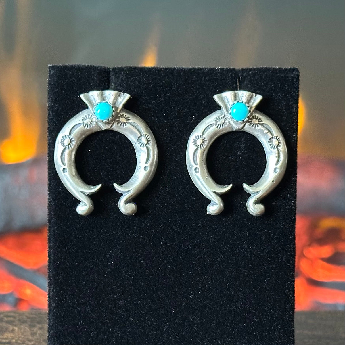 Navajo Adrienne Gordon Kingman Sterling Hand Stamped Naja Stud Earrings