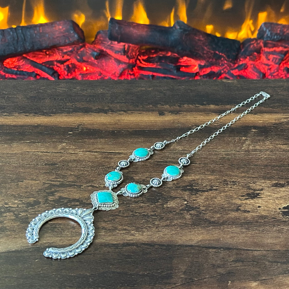 Navajo Charlene Yazzie Turquoise 5 Stone Sterling Hand Stamped Naja Necklace