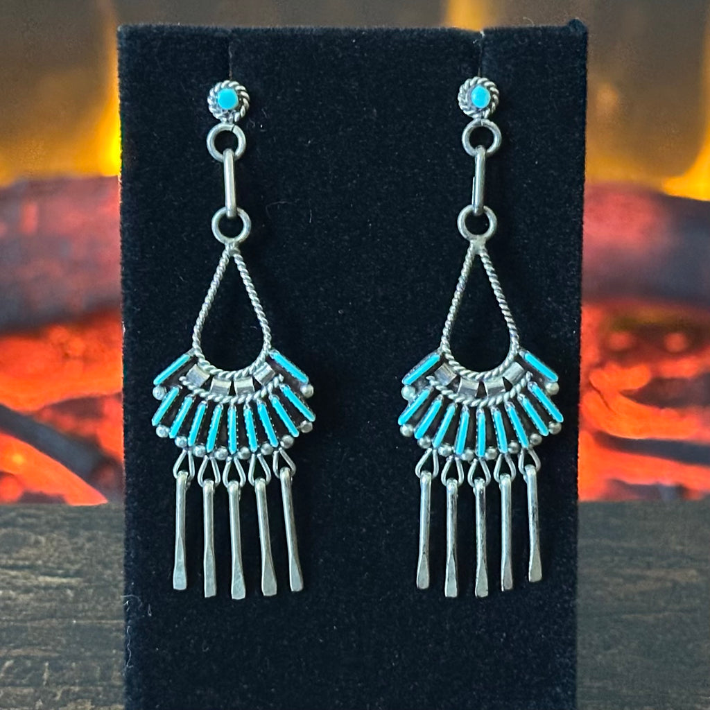 Zuni Edmund Cooeyate Turquoise 24 Stone Needlepoint Sterling Tassel Dangle Earrings