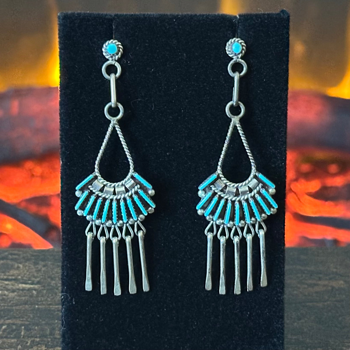 Zuni Edmund Cooeyate Turquoise 24 Stone Needlepoint Sterling Tassel Dangle Earrings