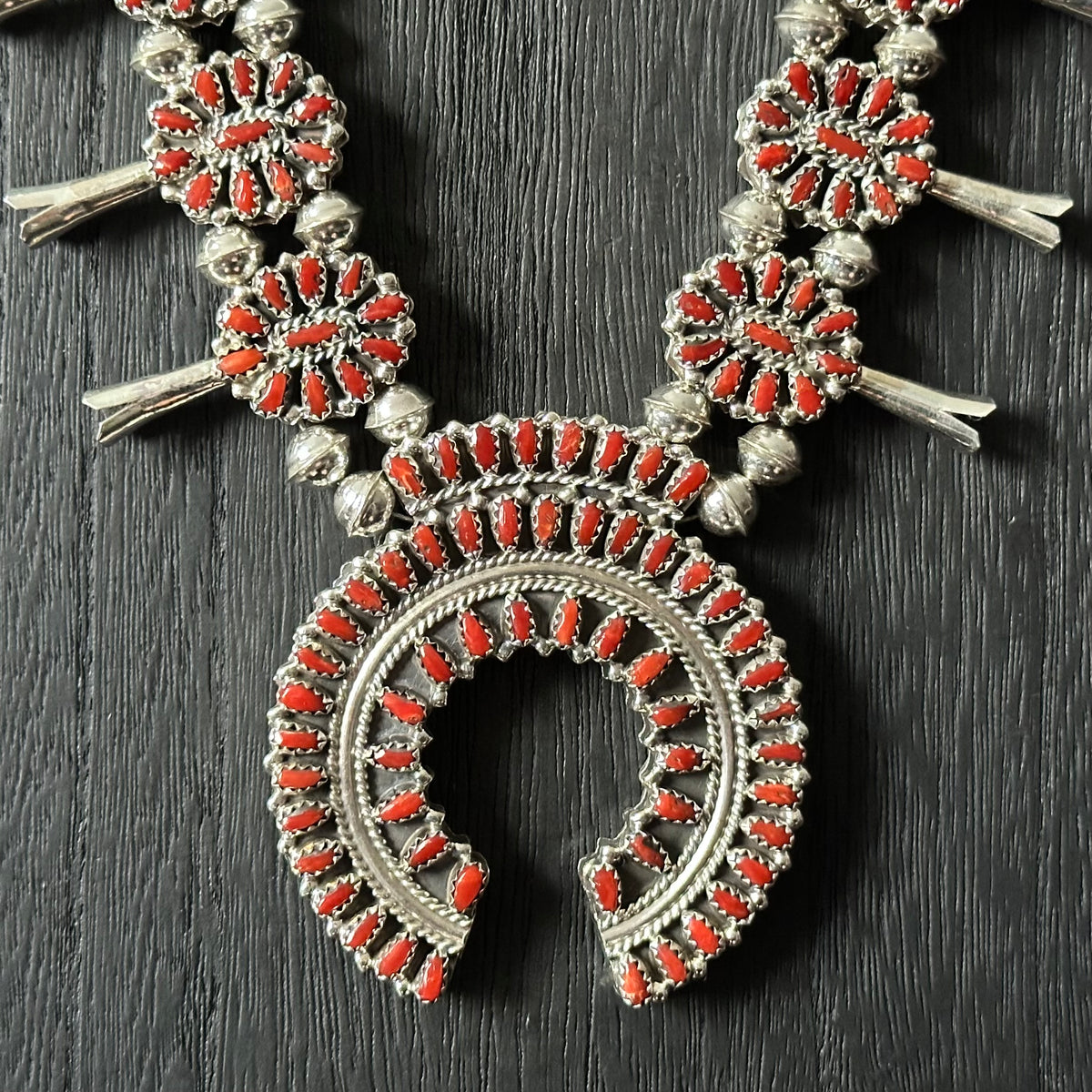 Navajo Elton James Reversible Turquoise Red Coral 376 Stone Sterling Petite Point Cluster Squash Blossom Necklace Earrings Set
