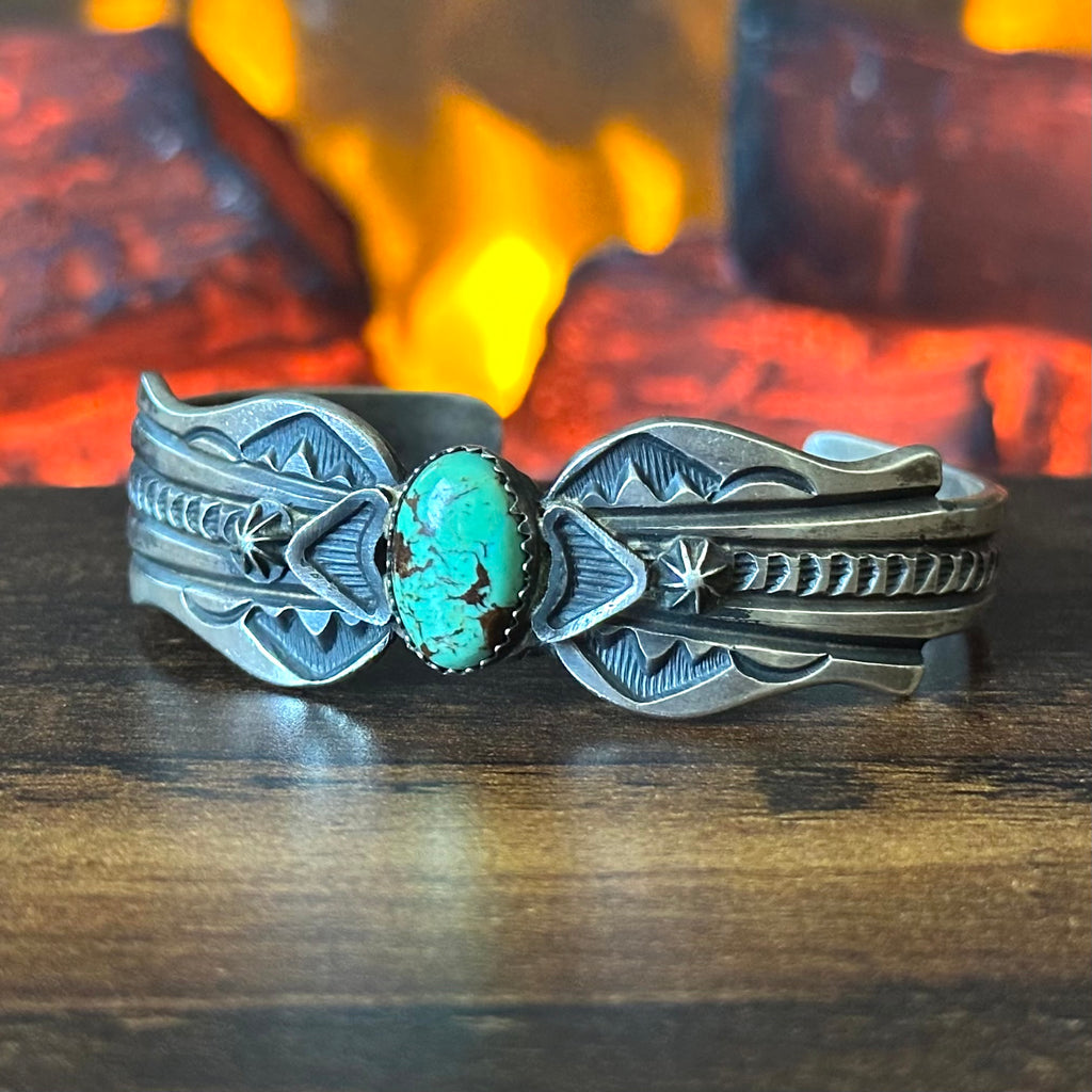 Navajo Linberg & Eva Billah Green Turquoise Sterling Hand Stamped Cast Cuff