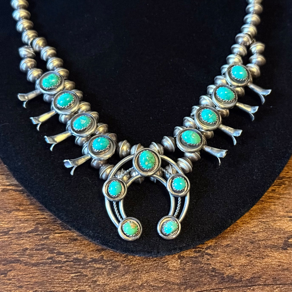 Navajo Phil & Lenora Garcia Sonoran Gold Turquoise 13 Stone Oxidized Sterling Squash Blossom Earrings Set