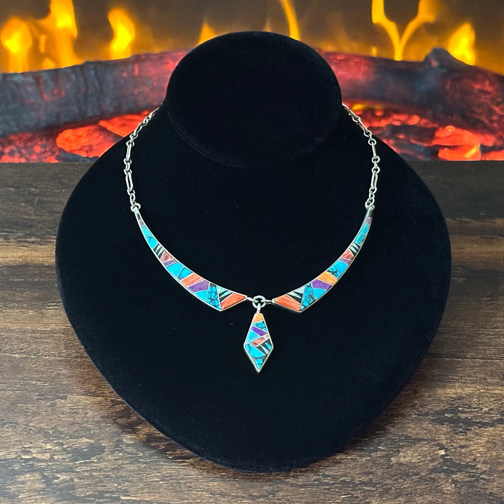 Touch of Santa Fe Turquoise Red Coral Spiny Oyster Sugilite Onyx Opal Sterling Inlay Necklace