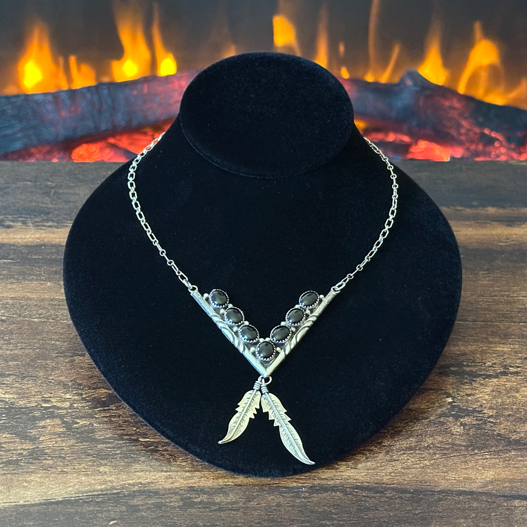 Navajo Nelson S. Clark Onyx 7 Stone Sterling V Shaped Feather Necklace