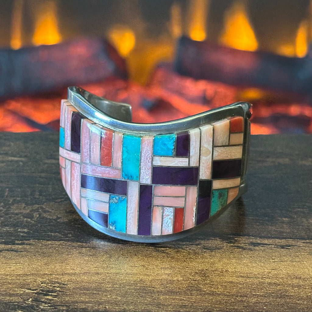 Navajo Jim Harrison Pink Conch Sugilite Red Coral Turquoise Sterling Inlay Statement Cuff
