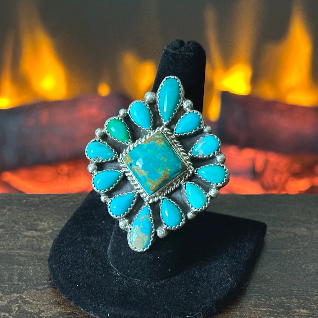 Navajo Marlene Jones Kingman Turquoise 13 Stone Sterling Statement Ring