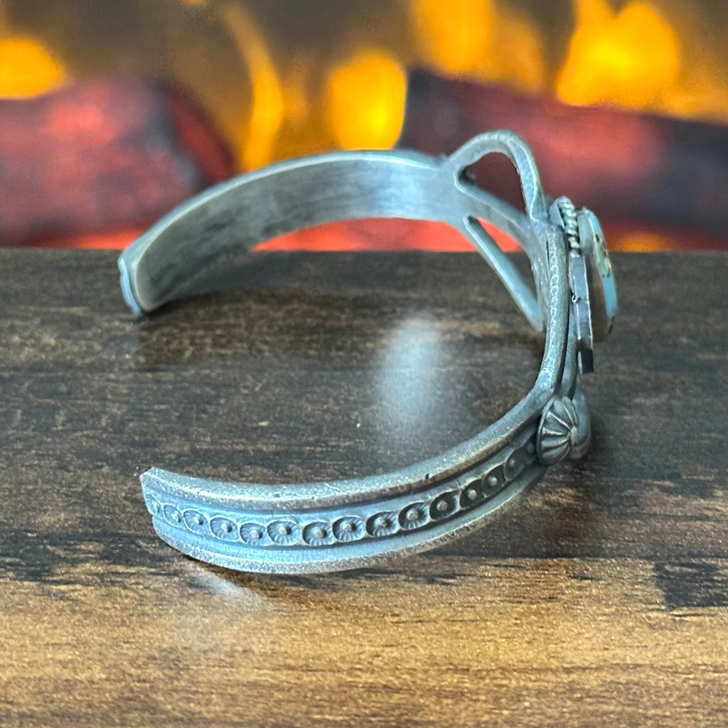 Navajo Kevin Billah Golden Hills Turquoise Hand Stamped Sterling Oxidized Cuff