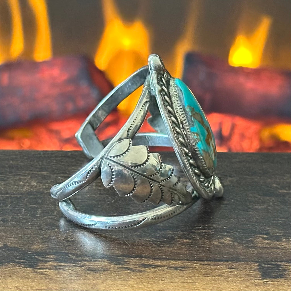 Turquoise Sterling Twist Wire Bezel Hand Stamped Leaf Statement Cuff