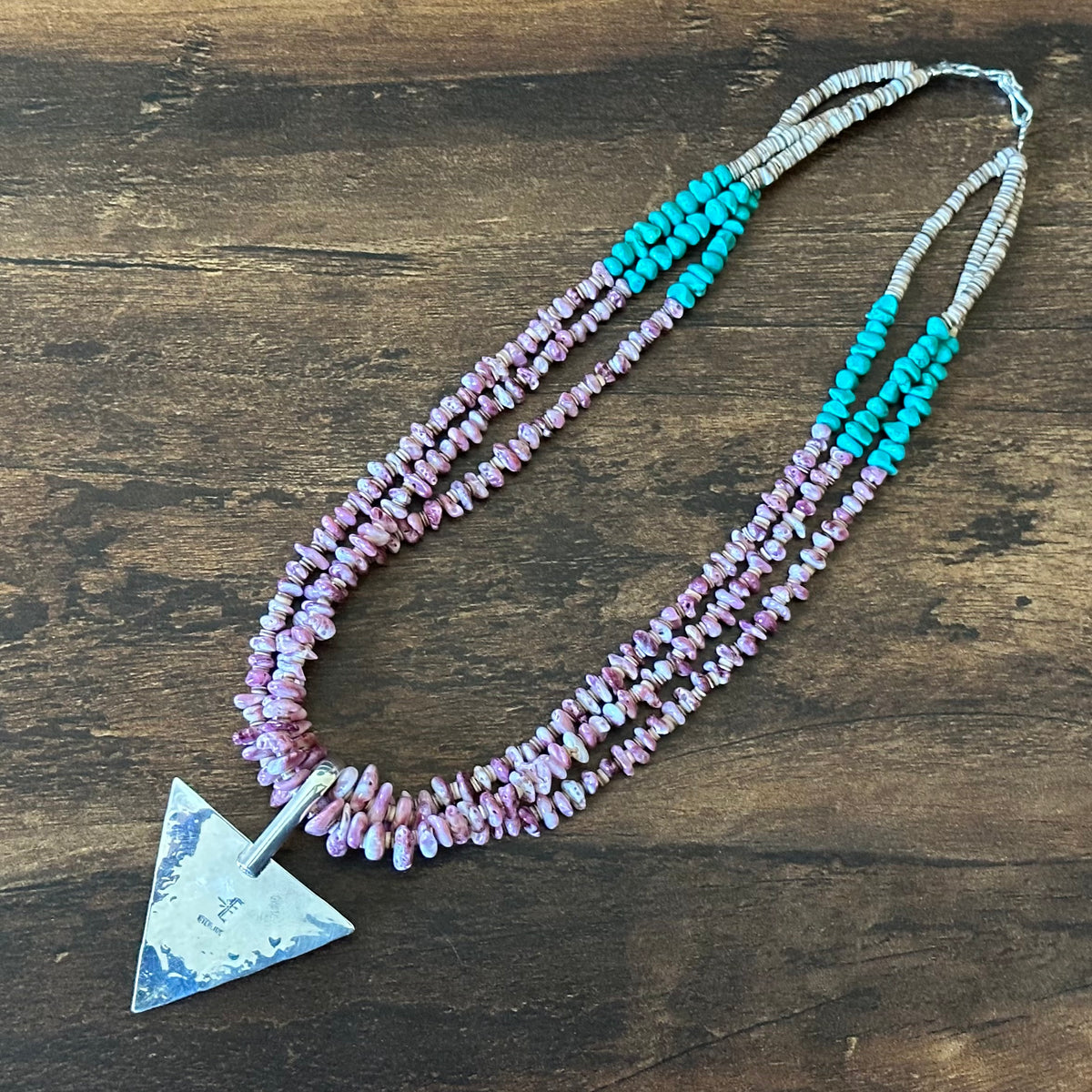 Kewa Emilio & Marguerite Chavez Turquoise Purple Spiny Oyster Sterling Heishi Triple Strand Pendant Necklace