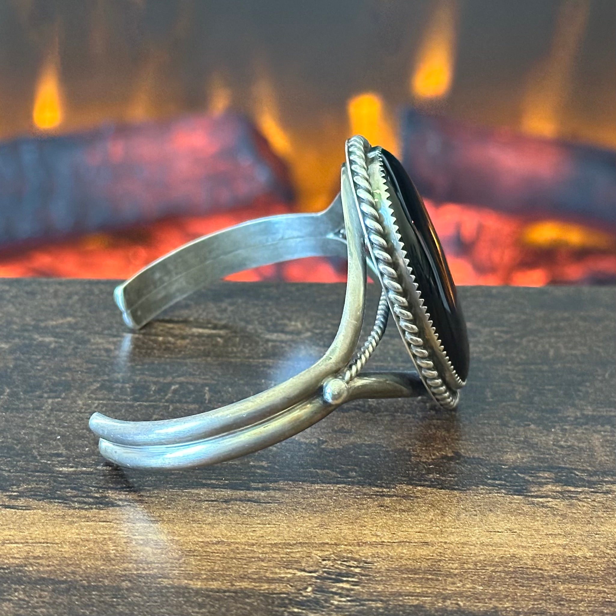 Navajo Pat Yazzie Onyx Sterling Twist Wire Bezel Statement Cuff