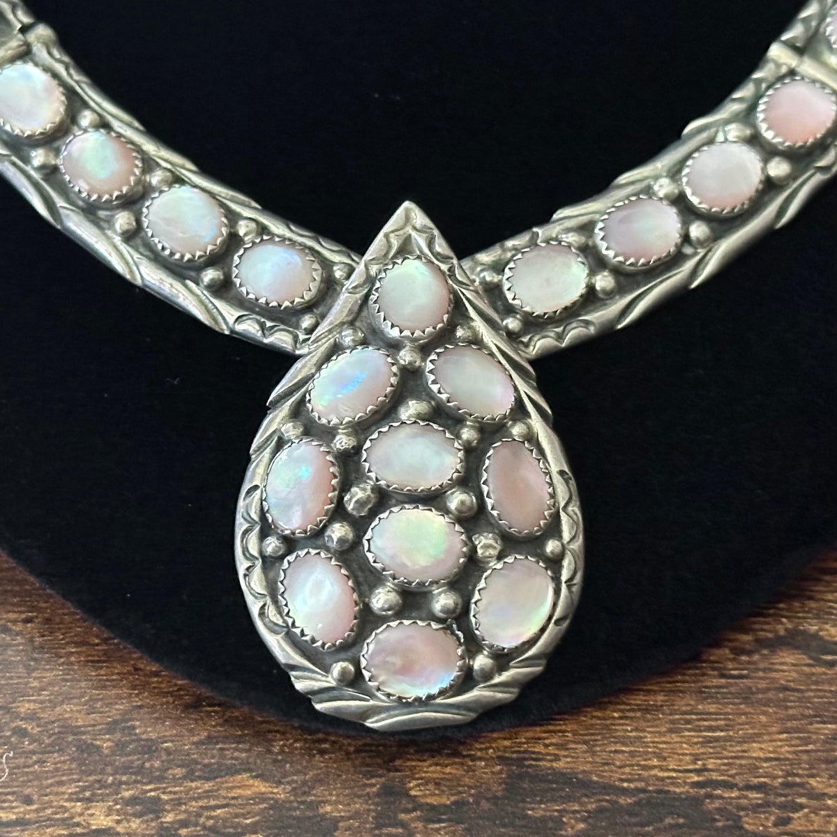 TT Signed Pink Mother of Pearl 26 Stone Sterling Teardrop Cluster Statement Necklace Earring Set