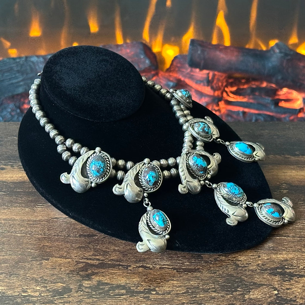 State Line Indian Jewelry Webbed Turquoise 9 Stone Sterling Hand Stamped Twist Wire Bezel Statement Necklace