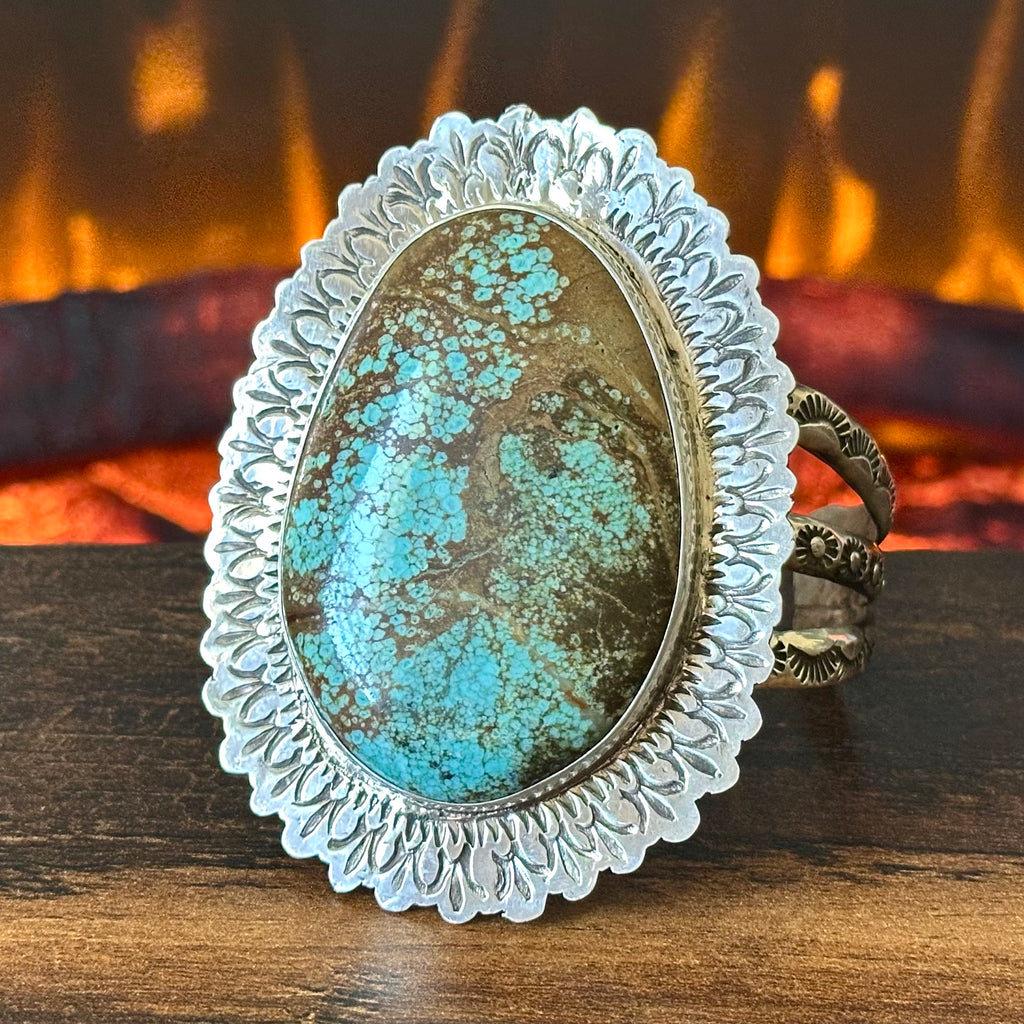 San Felipe Jacob Troncosa Turquoise Sterling Hand Stamped Statement Cuff