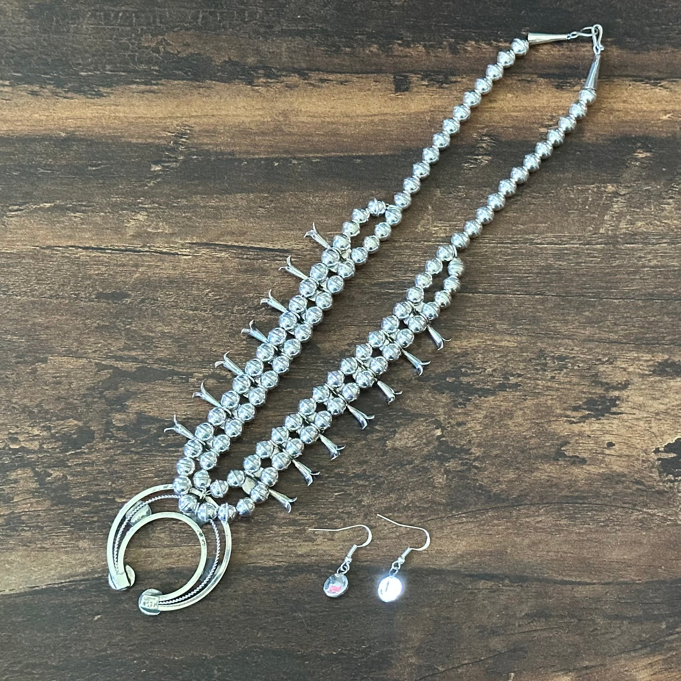 Navajo Phil & Lenora Garcia Sleeping Beauty Turquoise 19 Stone Sterling Squash Blossom Earrings Set