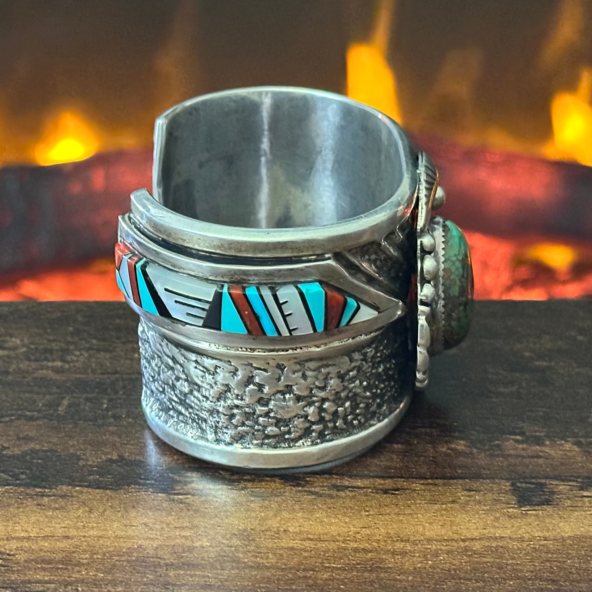 Turquoise Red Coral Mother of Pearl Jet Sterling Hand Stamped Inlay Statement Cuff