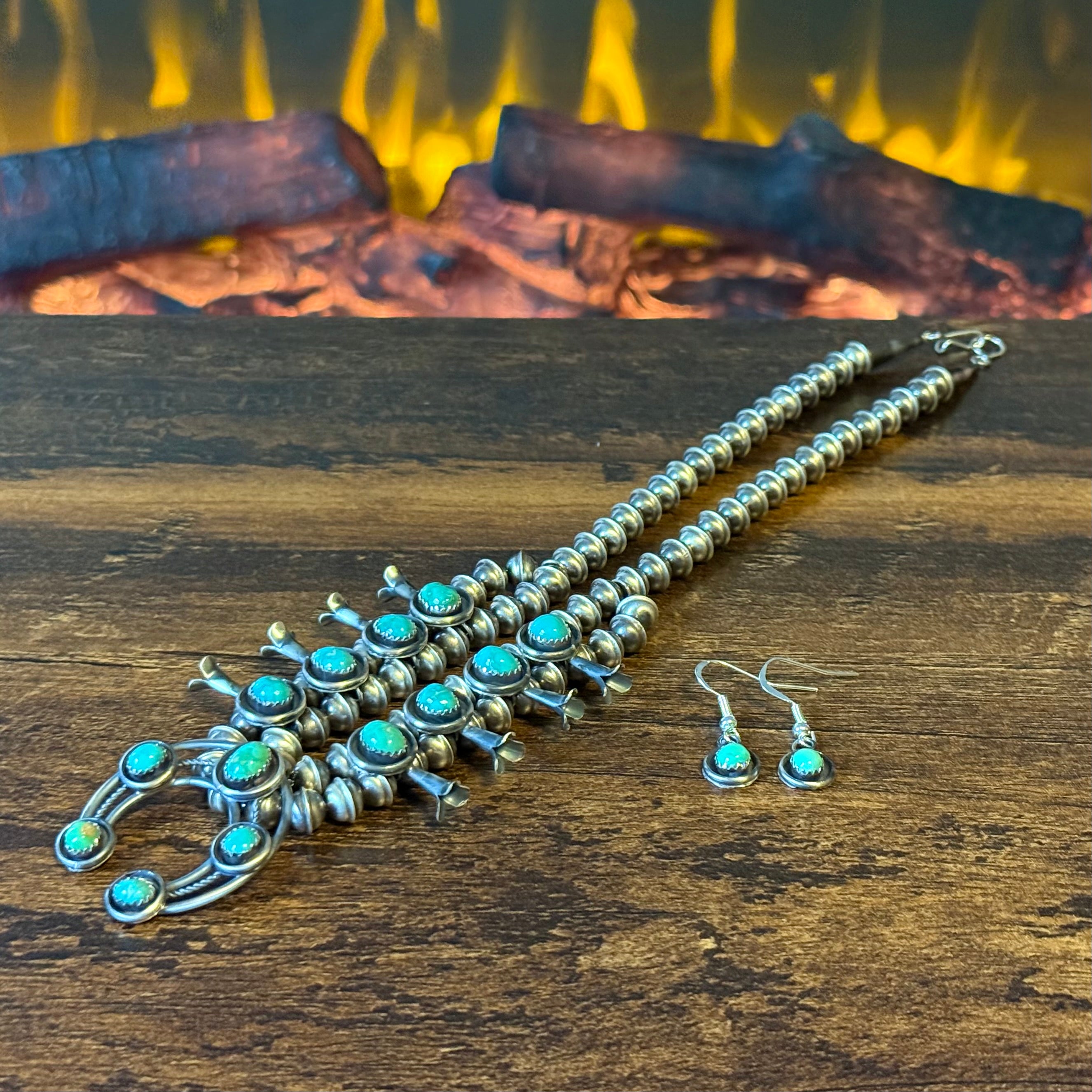 Navajo Phil & Lenora Garcia Sonoran Gold Turquoise 13 Stone Oxidized Sterling Squash Blossom Earrings Set