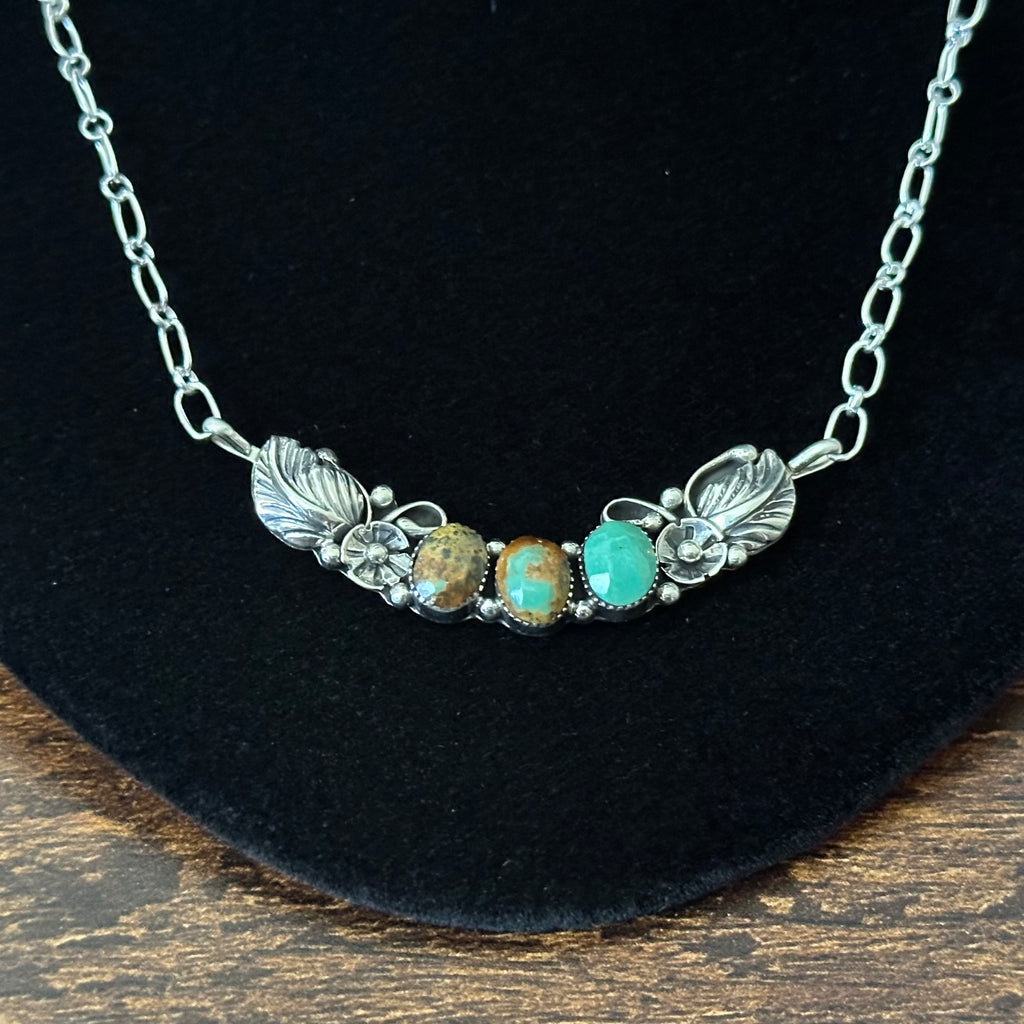 Navajo Gwendolyn Burnside Green Turquoise 3 Stone Sterling Floral Leaf Necklace