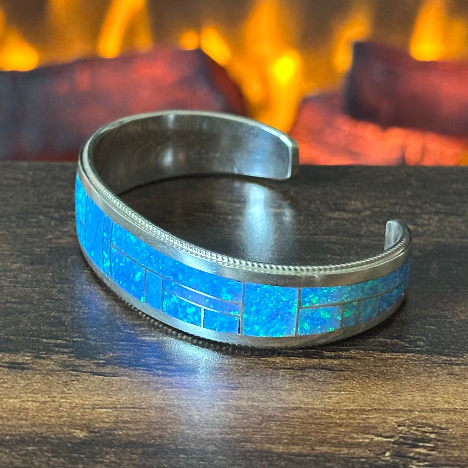 Zuni Rickell & Glendora Booqua Blue Opal Sterling Geometric Inlay Cuff