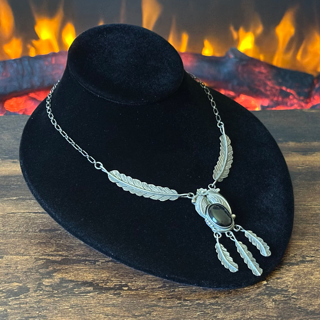 Vintage Onyx Sterling Floral Feather Necklace