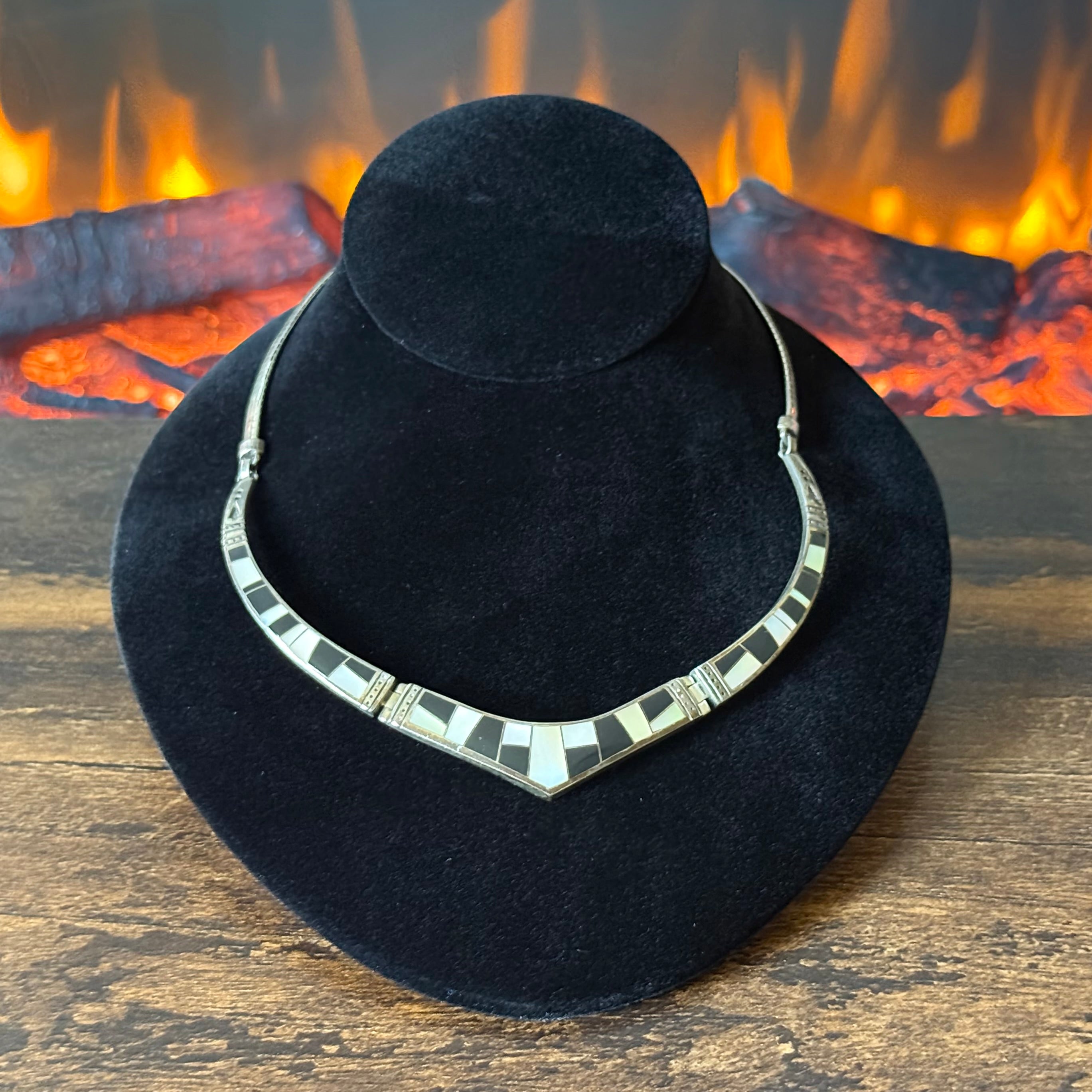 Navajo Supersmith Inc. Onyx Mother of Pearl Sterling Hinged Inlay Statement Necklace