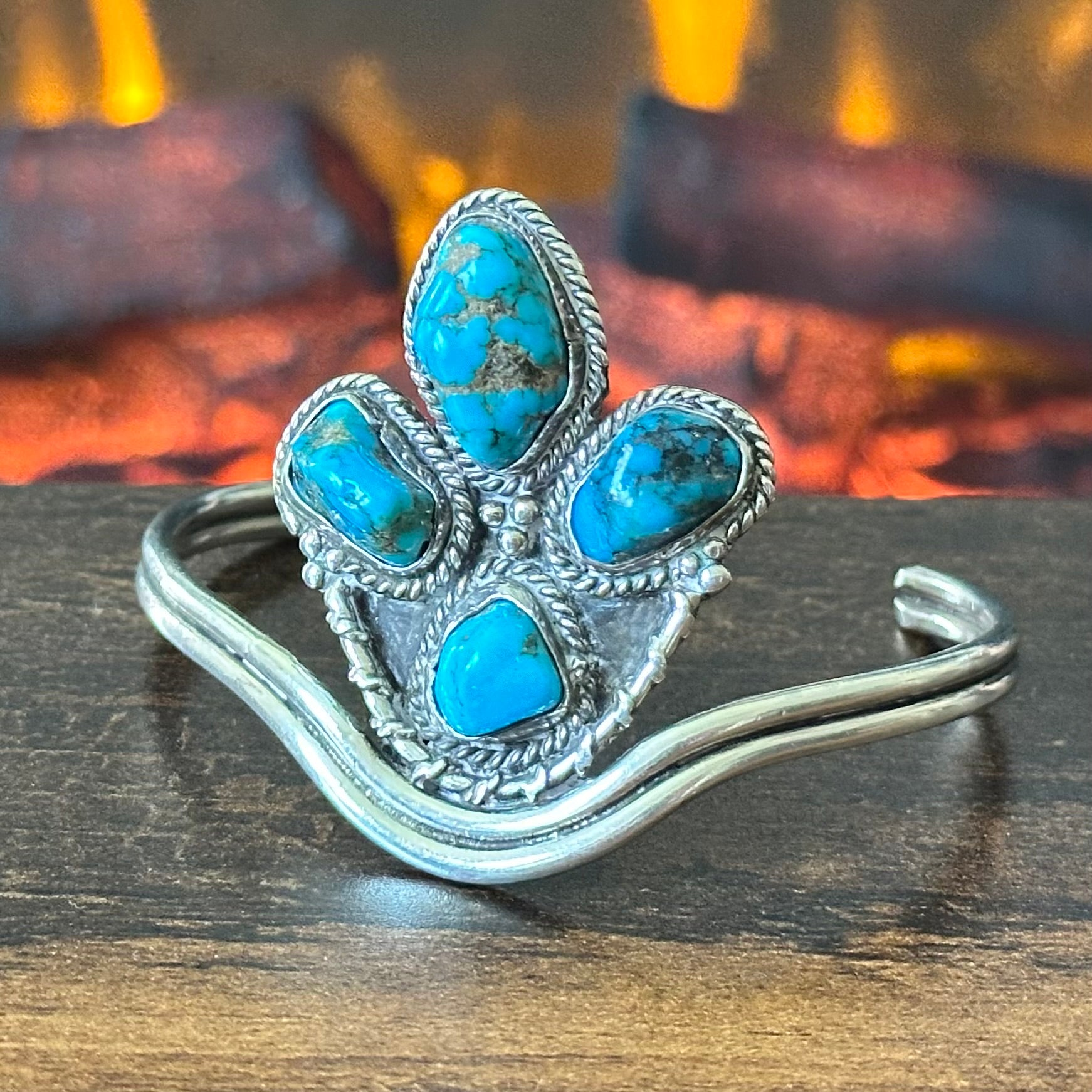 Pictogram Signed 4 Stone Turquoise Sterling Twist Wire Abstract Cuff