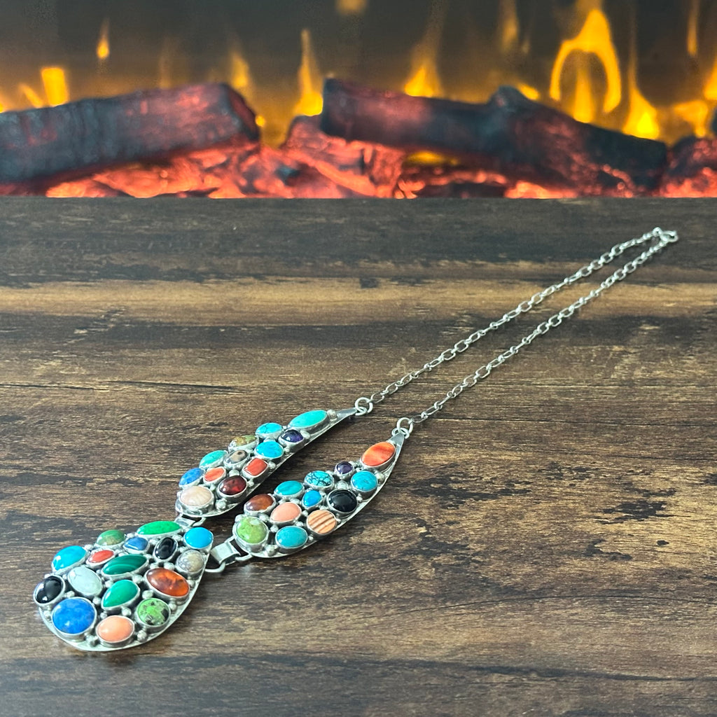 Navajo Emer Thompson Turquoise Onyx Amber Sodalite Red Coral Spiny Oyster Gaspeite Amethyst 40 Stone Sterling Cluster Teardrop Statement Necklace