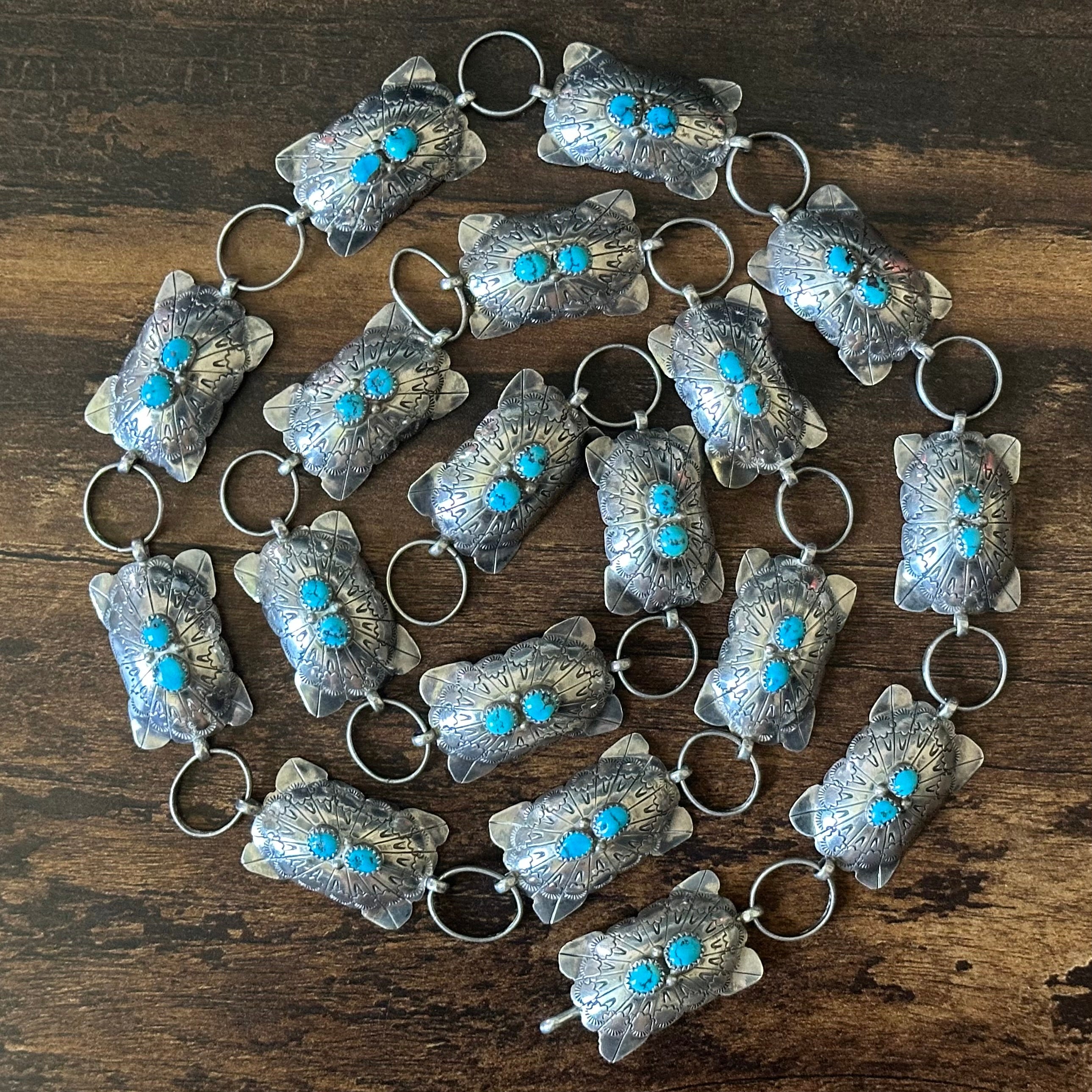 A.J. Signed Turquoise Double Stone 18 Sterling Concho Hand Stamped Belt