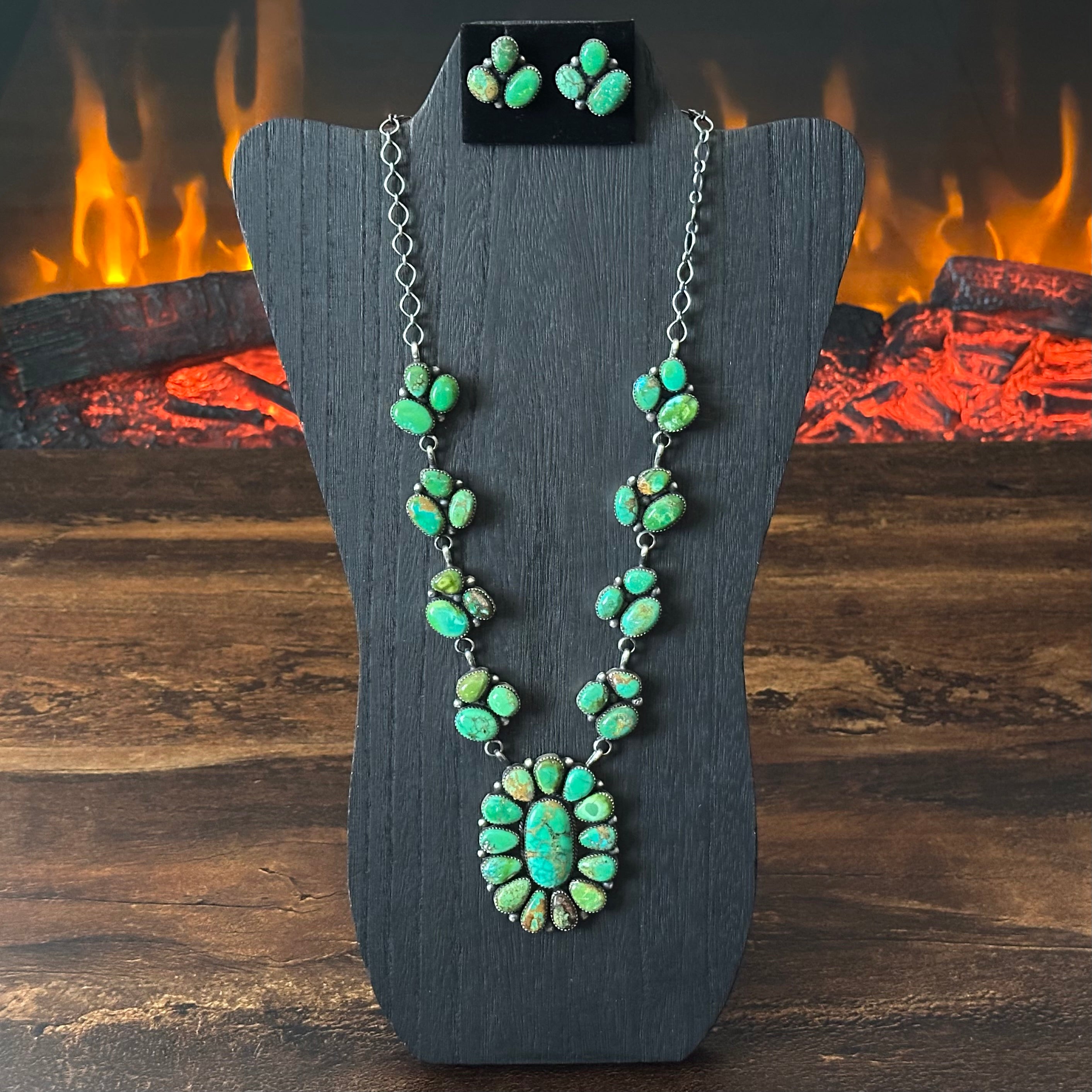 Navajo Anna Spencer Sonoran Gold Turquoise 38 Stone Sterling Cluster Statement Necklace Earrings Set