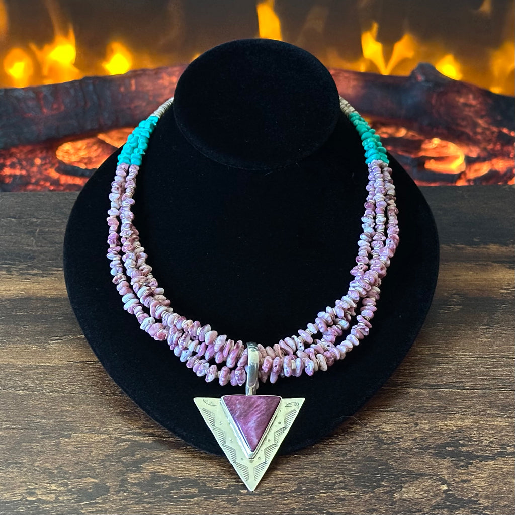 Kewa Emilio & Marguerite Chavez Turquoise Purple Spiny Oyster Sterling Heishi Triple Strand Pendant Necklace