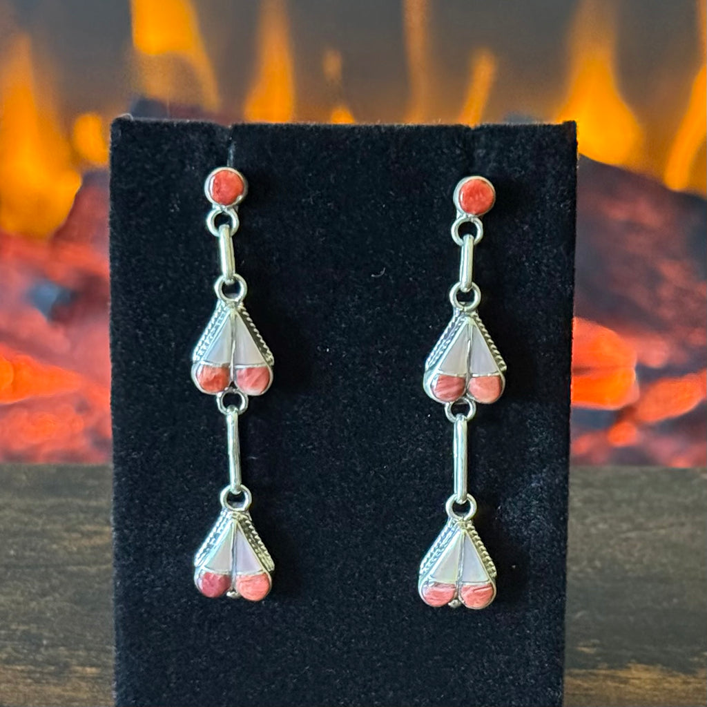 Zuni Velva Nastacio Pink Shell Spiny Oyster Heart Inlay Dangle Post Earrings