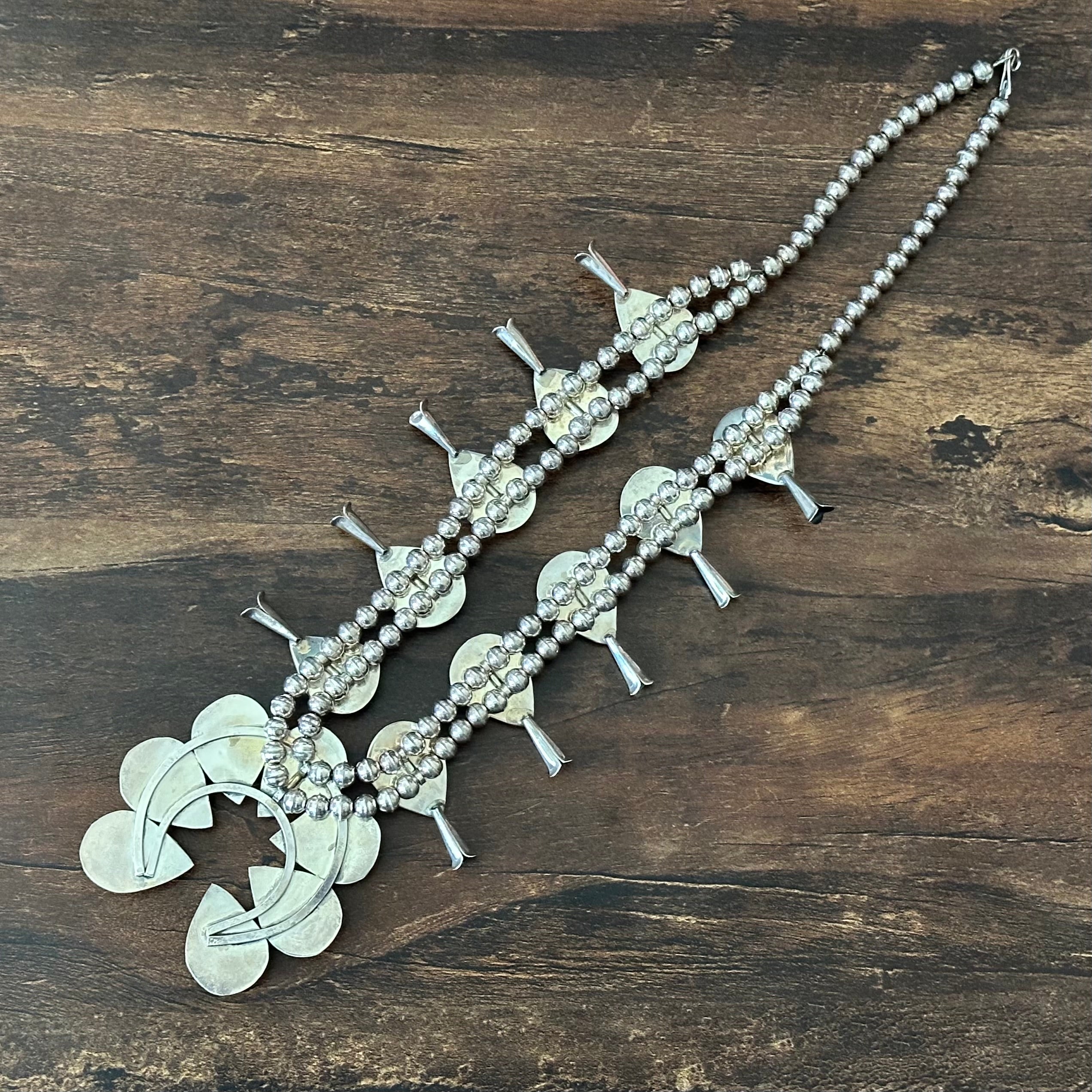 Turquoise 17 Stone Sterling Shadowbox Hand Stamped Squash Blossom