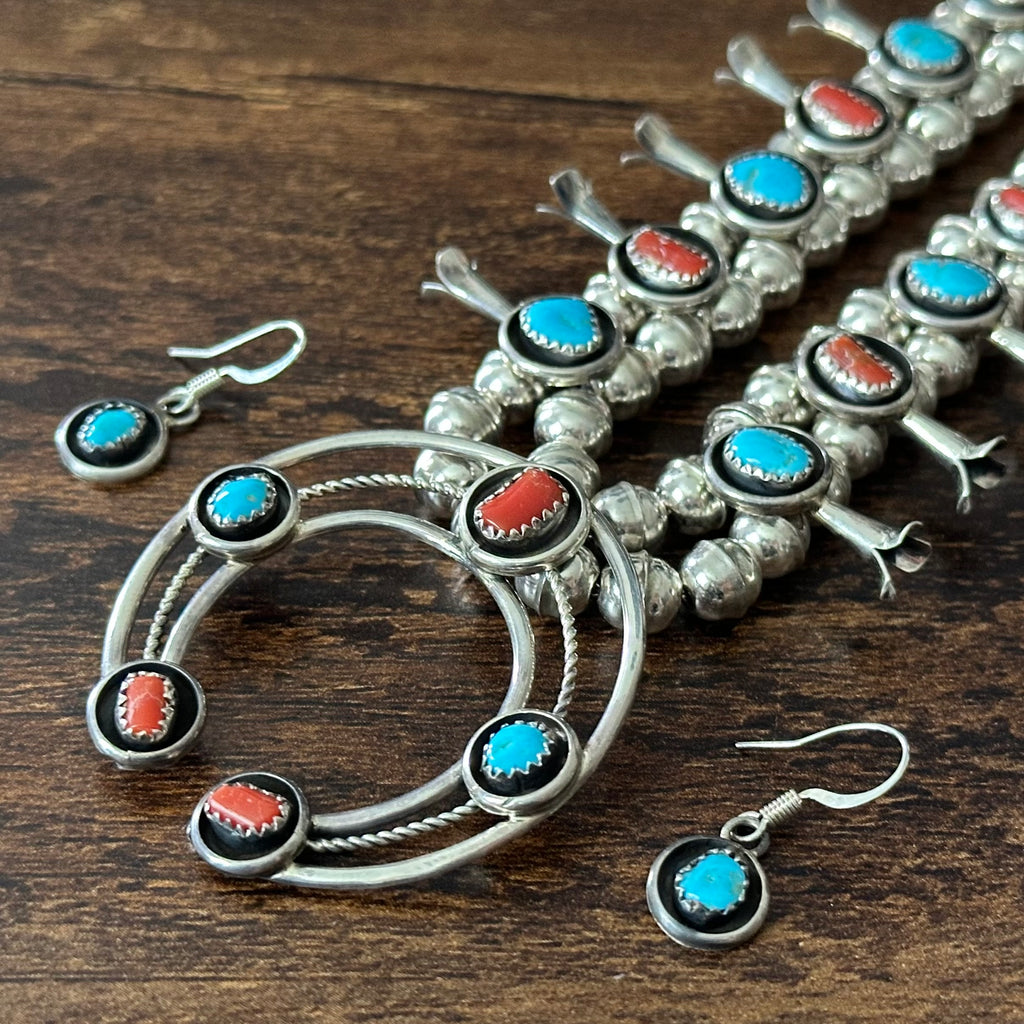Navajo Phil & Lenora Garcia Turquoise Red Coral 19 Stone Sterling Squash Blossom Earrings Set