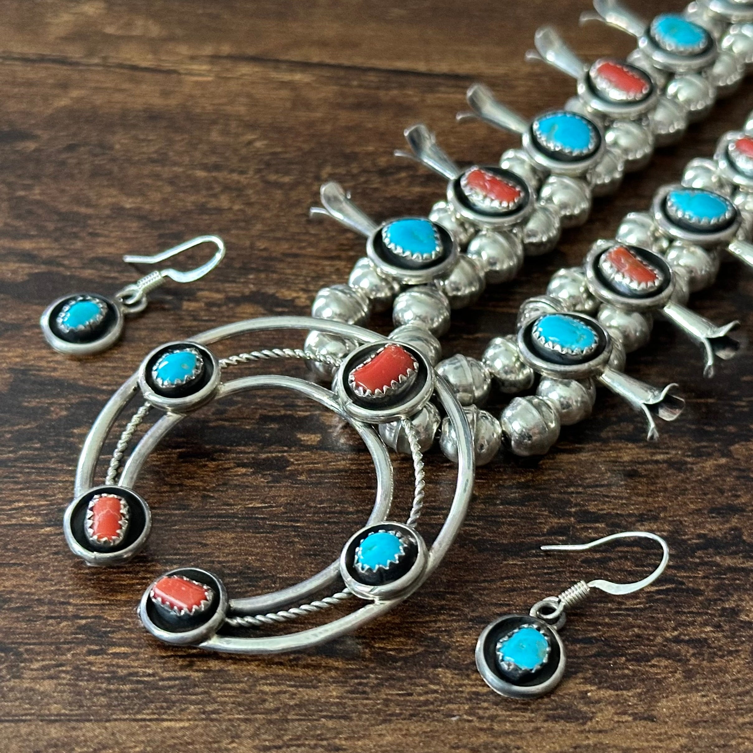 Navajo Phil & Lenora Garcia Turquoise Red Coral 19 Stone Sterling Squash Blossom Earrings Set