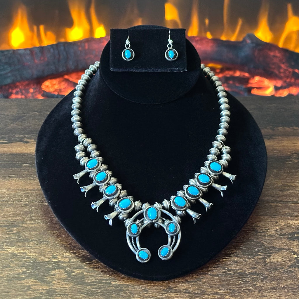 Navajo Phil & Lenora Garcia Sleeping Beauty Turquoise 13 Stone Sterling Oxidized Squash Blossom Necklace Earrings Set
