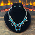 Navajo Phil & Lenora Garcia Sleeping Beauty Turquoise 13 Stone Sterling Oxidized Squash Blossom Necklace Earrings Set