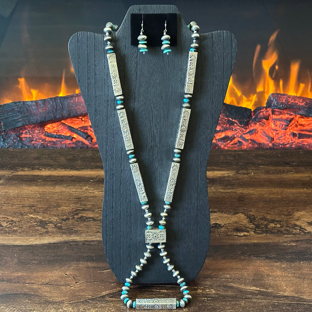 Navajo Tysha Aparicio Turquoise Sterling Handmade Rectangular Bead Stamped Necklace Earrings Set