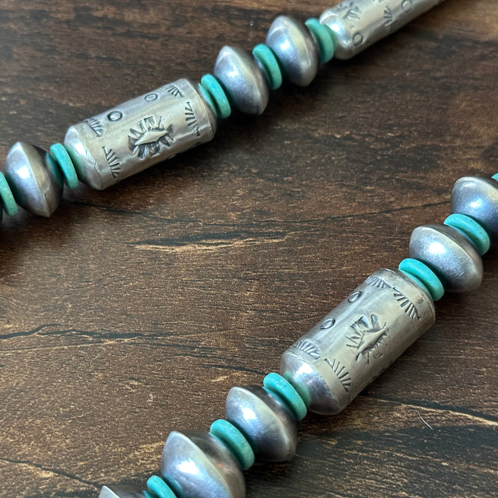 Navajo Tysha Aparicio Turquoise Sterling Handmade Cylinder Bead Stamped Necklace Earrings Set