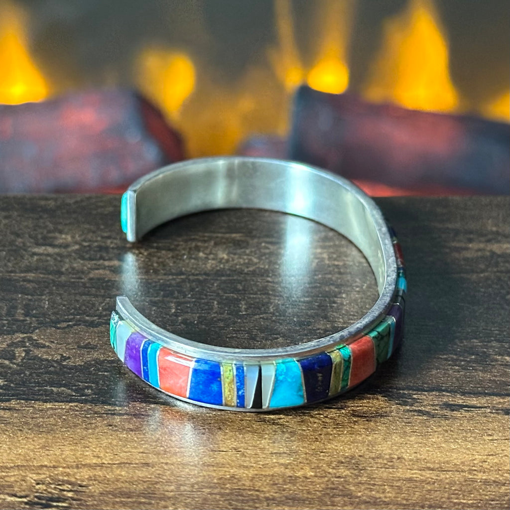 AL Signed Turquoise Lapis Spiny Oyster Sugilite Jasper Opal Sterling Wraparound Inlay Cuff