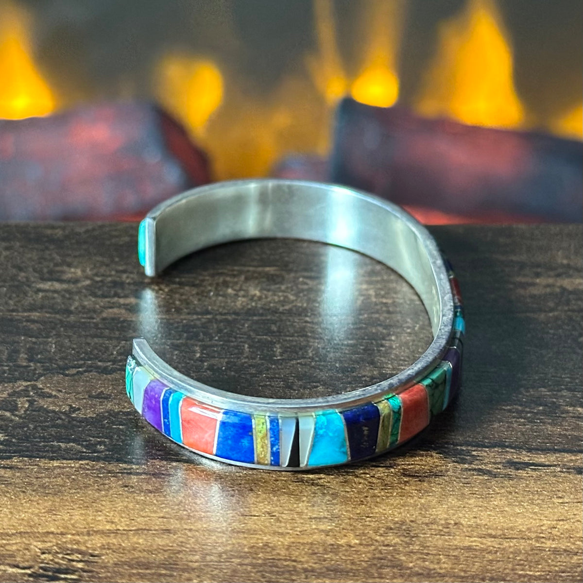 AL Signed Turquoise Lapis Spiny Oyster Sugilite Jasper Opal Sterling Wraparound Inlay Cuff